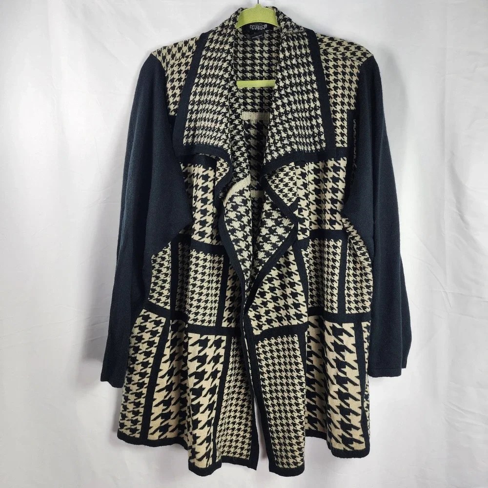 Y2K Womens Houndstooth Patchwork Cardigan Sweater Chunky Neutral Indie Artsy 2X